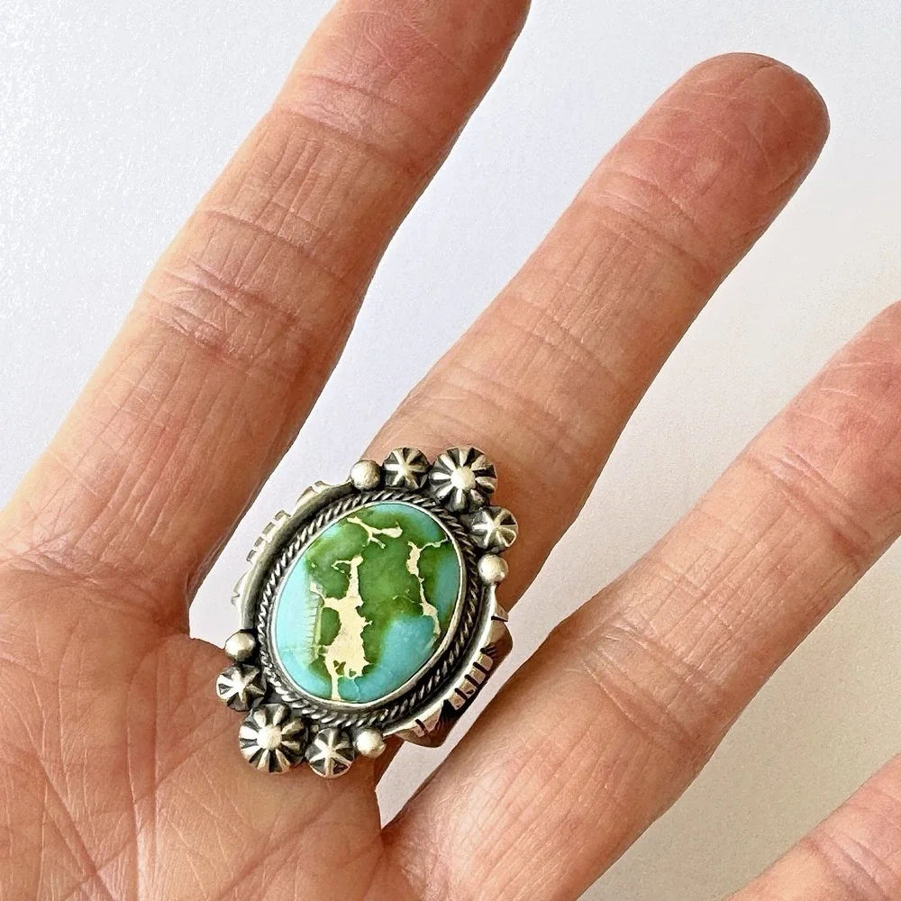 Navajo‎ Turquoise Ring Sz 10 Sonoran Gold Sterling Benally Native American Stars